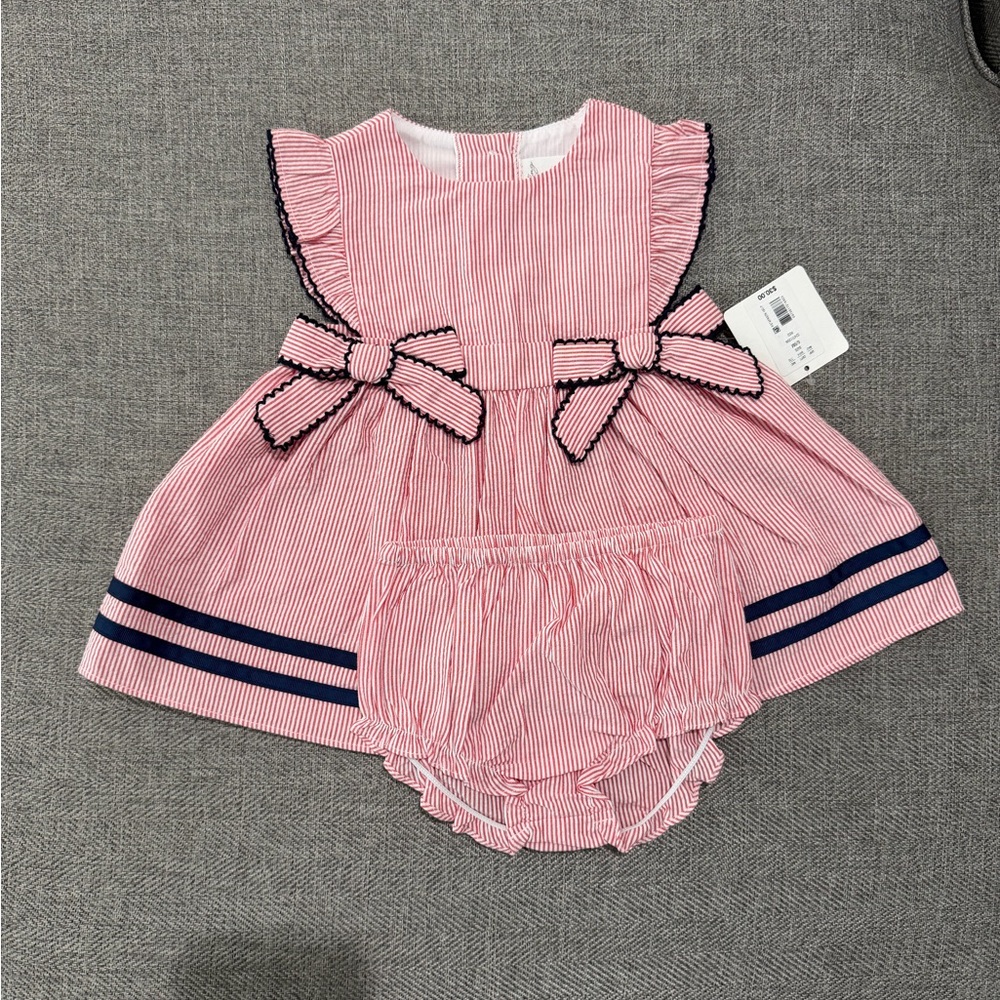 Starting Out Pink and White Striped Dress with Navy Details